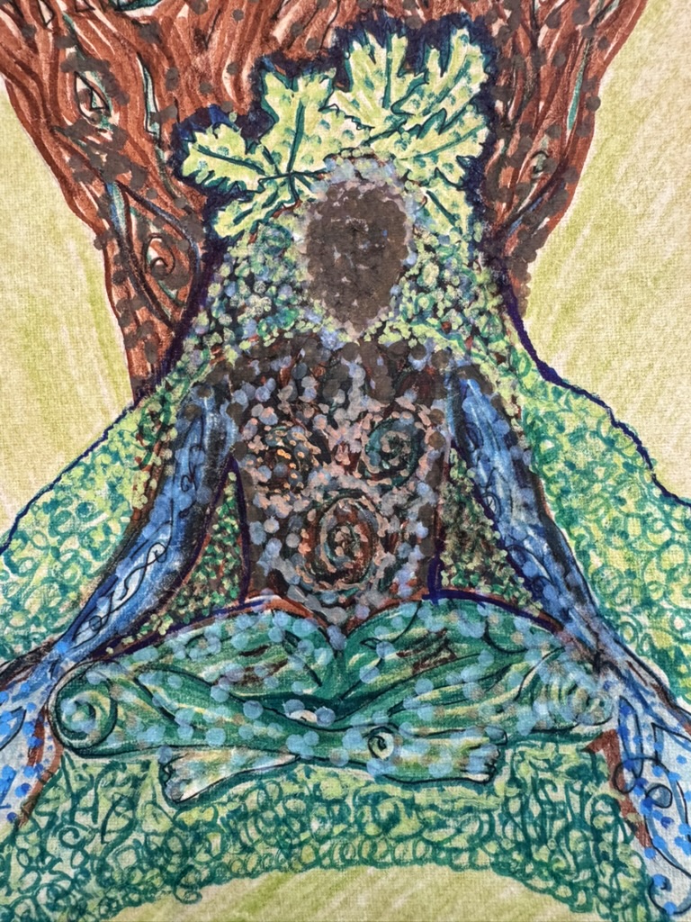 Multi-media depiction of an earth goddess merging with the forrest.